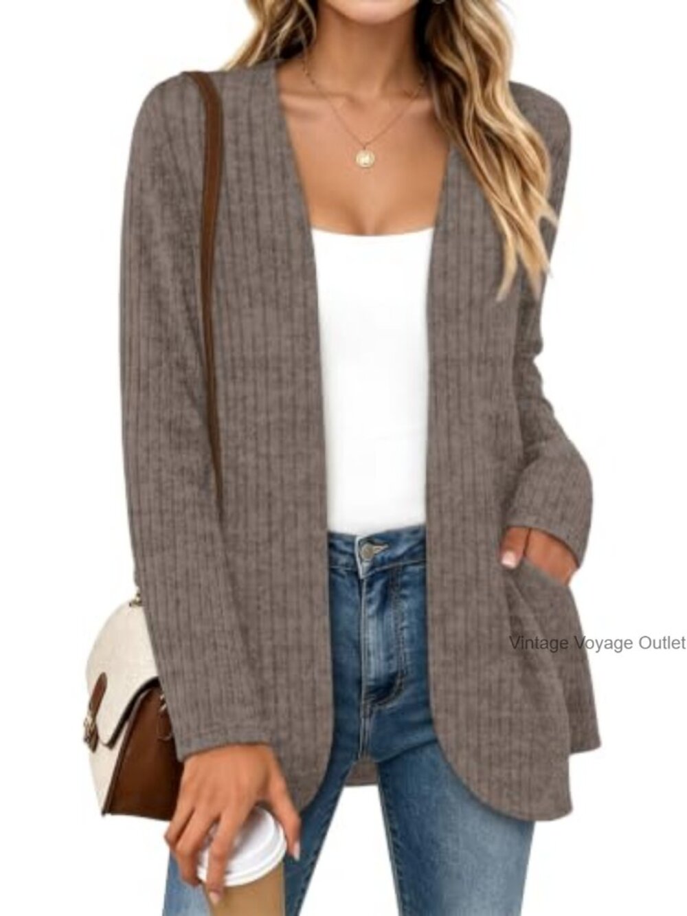 Open Front Cardigan Long Sleeve Lightweight Knit Layering Sweater with Pockets